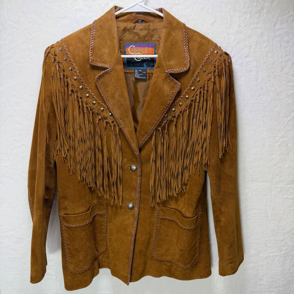 Cripple Creek XL Brown Fringe Leather Western Jacket Whipstitch Concho Button
